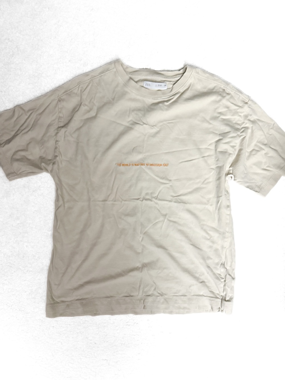 Zara boys 13-14 Light Beige Crewneck Tee with Subtle Center Text